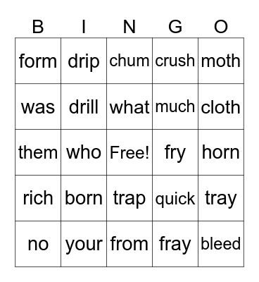 Level 21 - Read Words Bingo Card