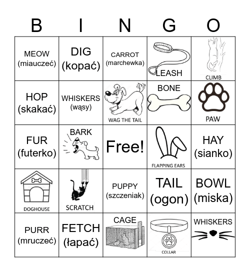 Dogs, Cats and Rabbits Bingo Card