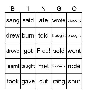 Irregular Verbs Bingo Card