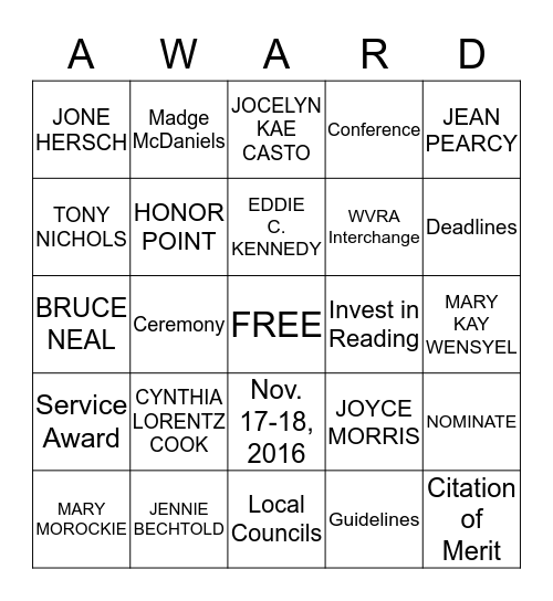 INVEST IN AWARDS Bingo Card