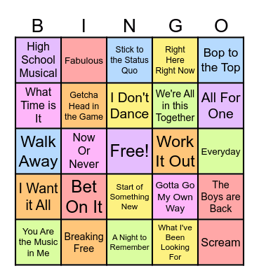 High School Musical Songs Bingo Card