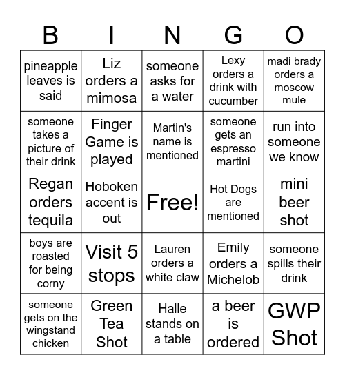 Bar Crawl Bingo Card