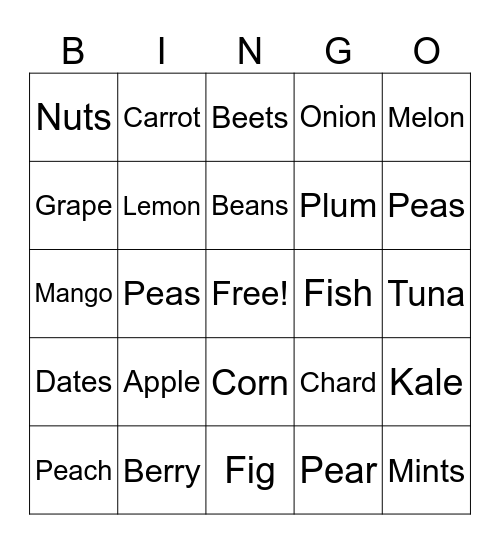 Healthy Foods Bingo Card