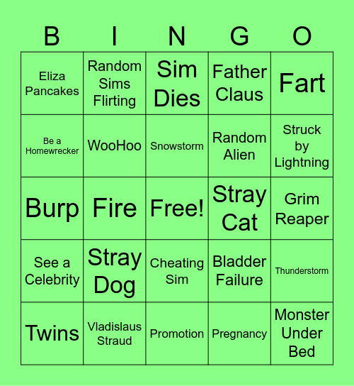 Sims 4 Base Game Bingo Card