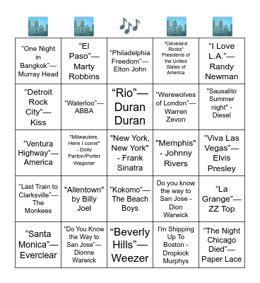 Music Bingo - Songs with a "City" in the title. Bingo Card