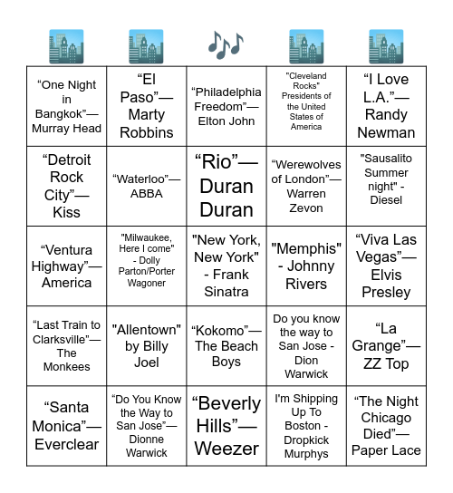 Music Bingo - Songs with a "City" in the title. Bingo Card