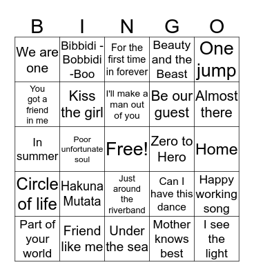 Disney Music Bingo  Bingo Card