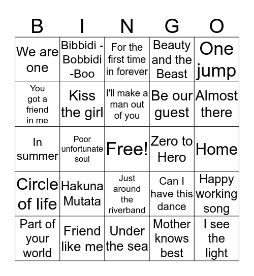 Disney Music Bingo  Bingo Card