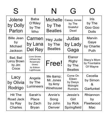 "Name" that Tune Bingo Card