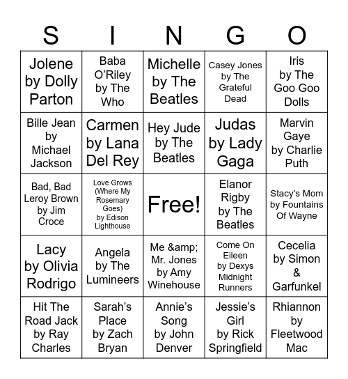 "Name" that Tune Bingo Card