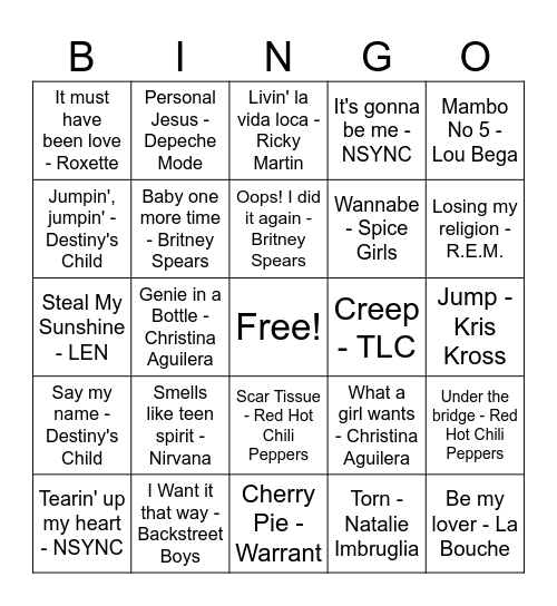 90's Pop Hits Bingo Card