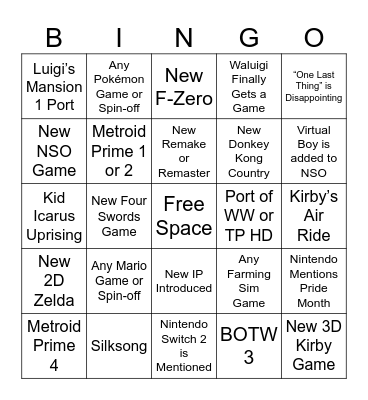 Nintendo Direct Bingo Card