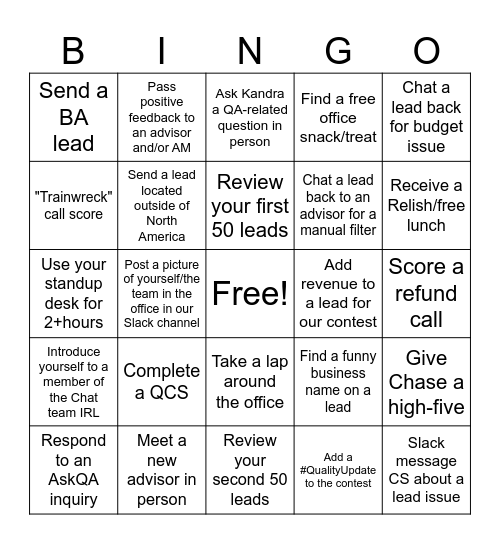 QA In-Office Day Bingo Card