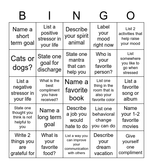 Mental Health and Icebreaker Bingo Card