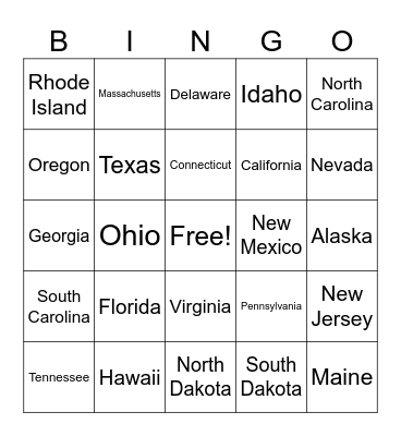States I have been to Bingo Card