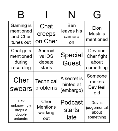 Engadget Podcast Bingo Card