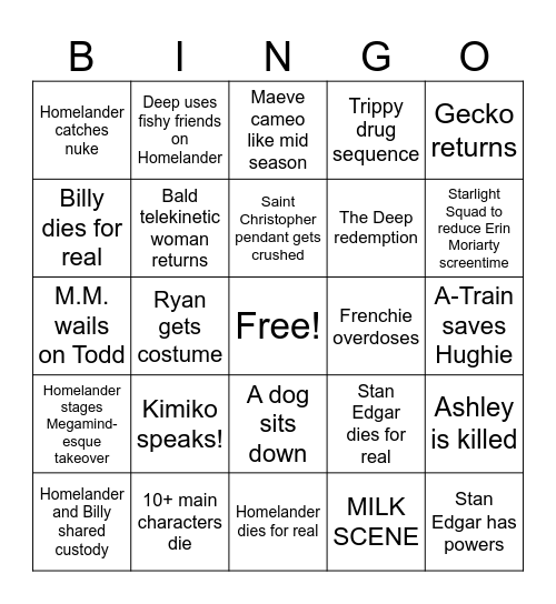 The Boys Season 4 Bingo Card