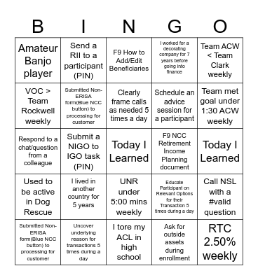 TEAM WELLS Bingo Card