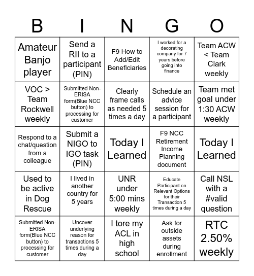 TEAM WELLS Bingo Card