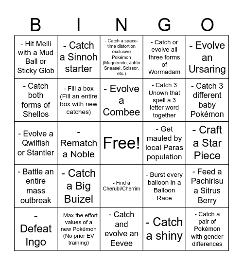 Legends Arceus Bingo Card