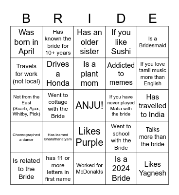 Geethanjali's Bridal Shower Bingo Card