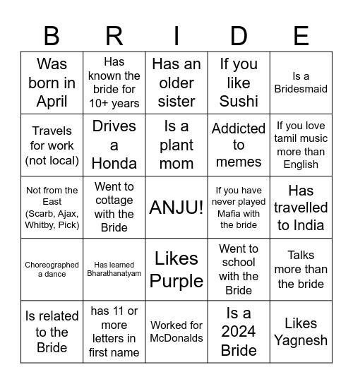 Geethanjali's Bridal Shower Bingo Card