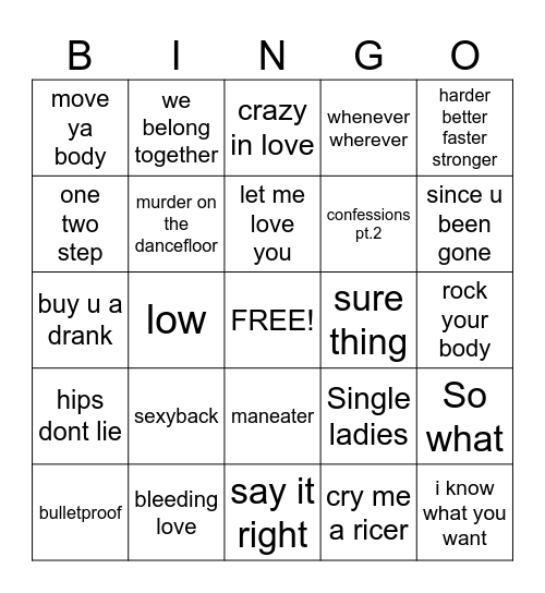 6/13/24 2000s playlist Bingo Card