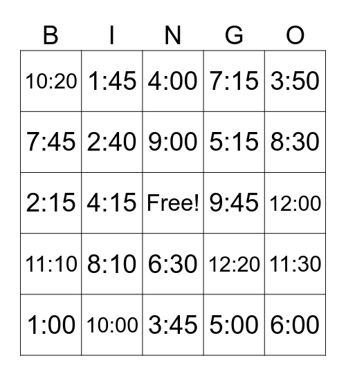 What time do you _____? Bingo Card