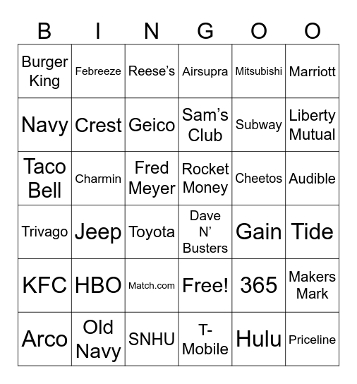 Advert Bingo Card