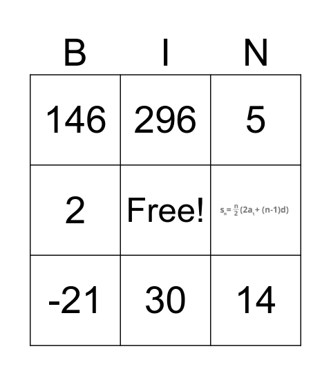 math Bingo Card