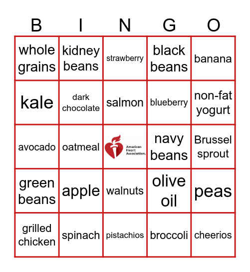 Heart Healthy Foods Bingo Card