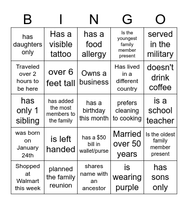 Family Reunion Bingo Card