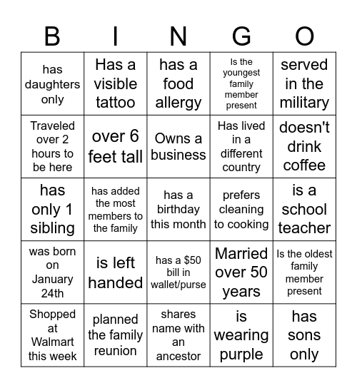 Family Reunion Bingo Card