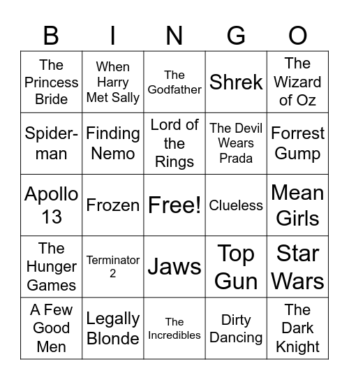 Movie Bingo Card