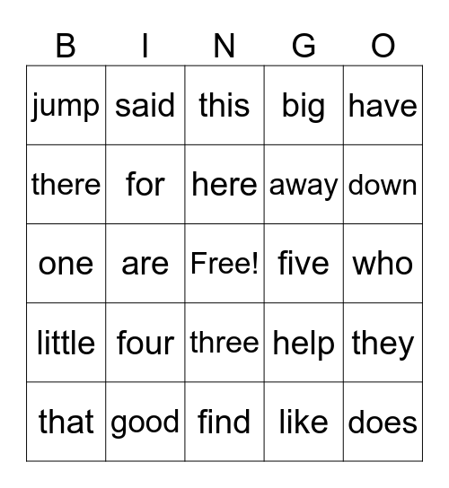 Sight Words Bingo Card