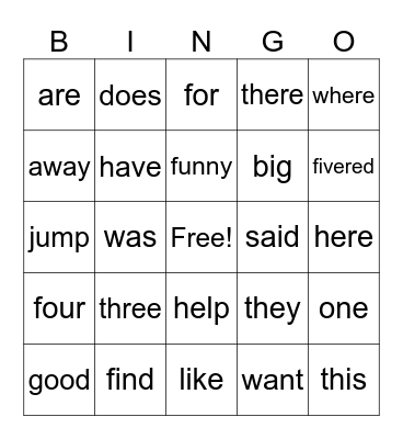 Sight Words Bingo Card