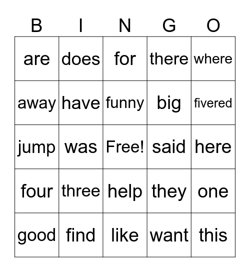 Sight Words Bingo Card