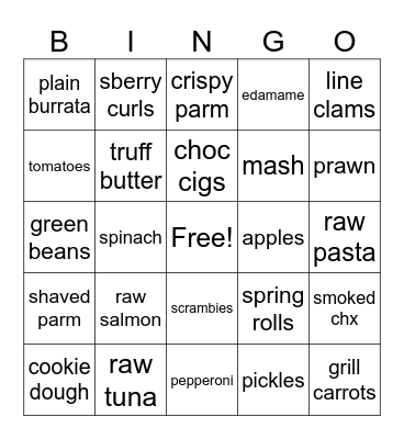 Kevin's Diet Bingo Card