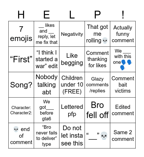 Shorts comments Bingo Card