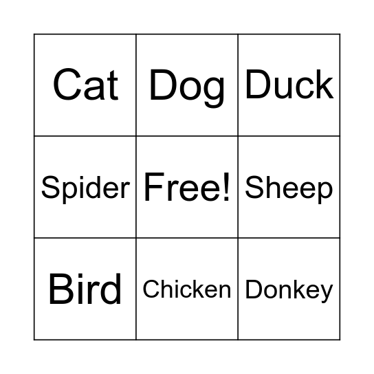 Farm Animal Bingo! Bingo Card