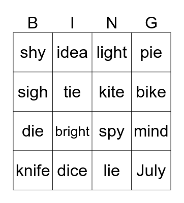 Long I Bingo Card