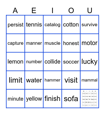 SHORT VOWEL SOUNDS Bingo Card