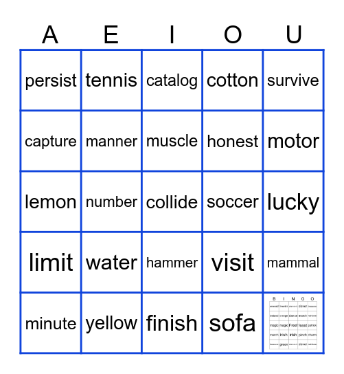 SHORT VOWEL SOUNDS Bingo Card