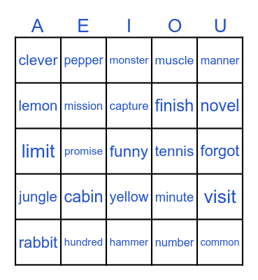 SHORT VOWEL SOUNDS Bingo Card