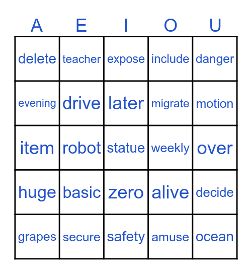 LONG VOWEL SOUNDS Bingo Card