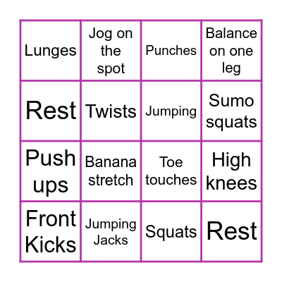 Fitness Bingo Card