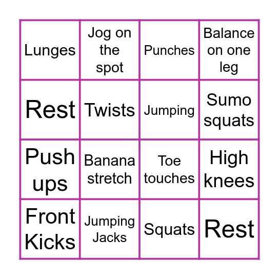 Fitness Bingo Card