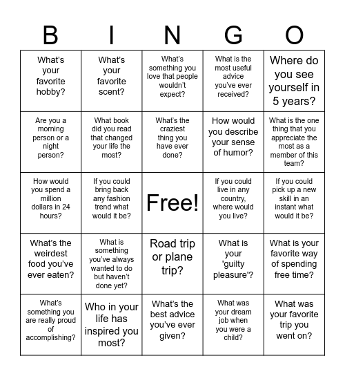 Team Building Bingo Card