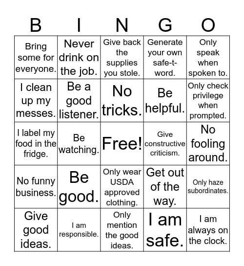 SAFE "T" WORD BINGO! Bingo Card