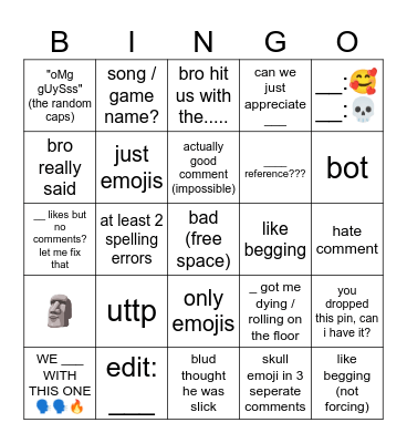 YT SHORTS COMMENTS BINGO Card